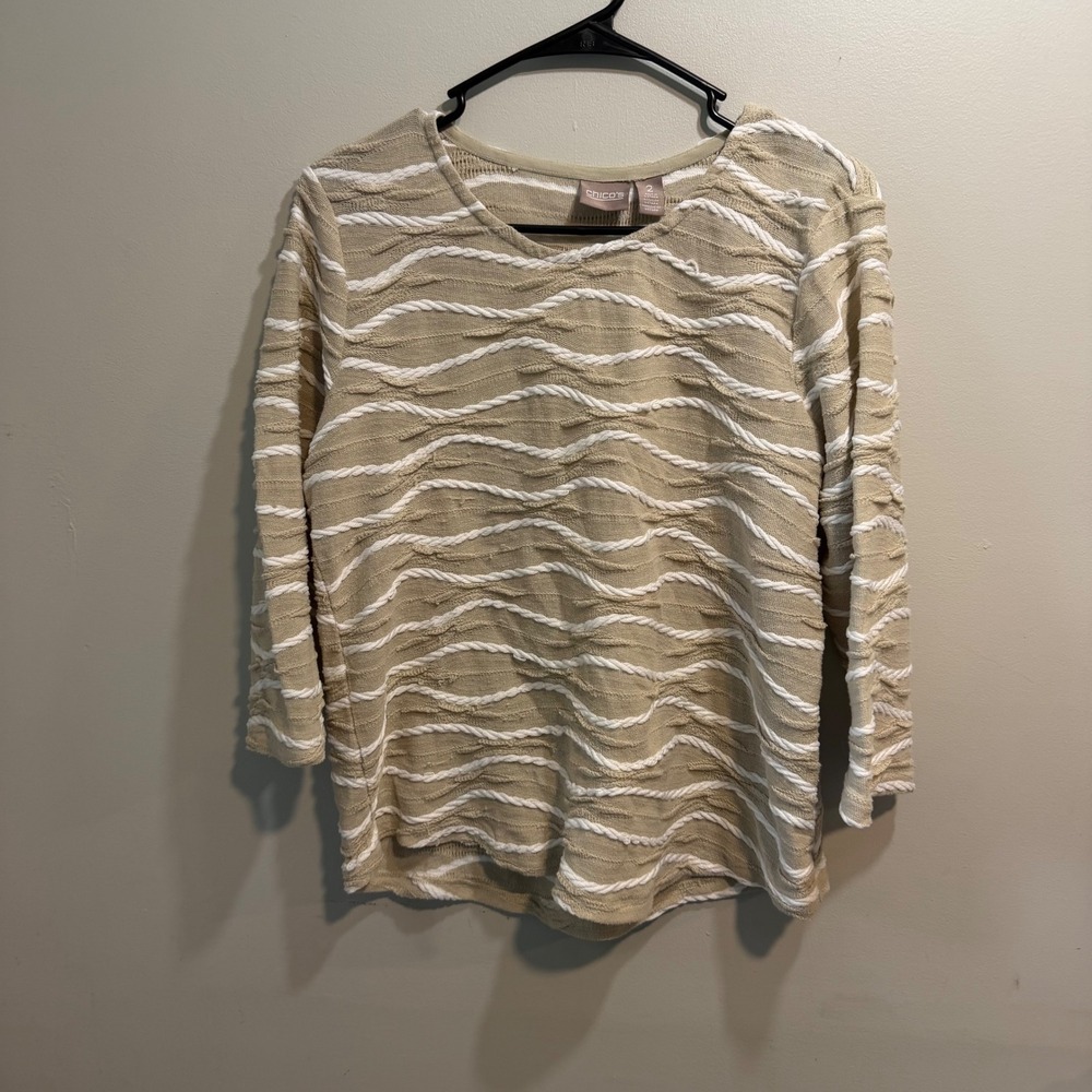 Chicos Womens Size 2 Tan White Textured Wavy Rope Knit 3/4 Sleeve Top Pullover